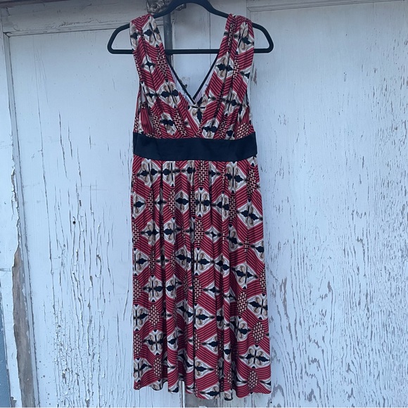 Badgley Mischka Midi Silk Dress Women’s 6 Red/Black Beaded Abstract Print Retro - Picture 3 of 16